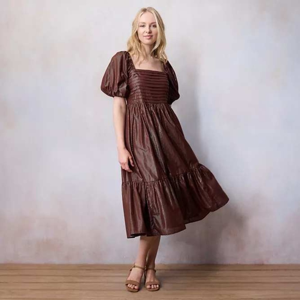 LC Lauren Conrad Pleated Bodice Squareneck Midi Dress XXL Brown Puff Sleeves
